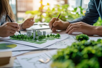 Architects designing sustainable green city with eco-friendly building model