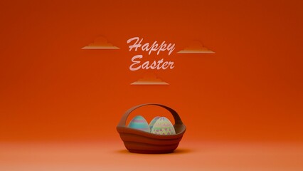 Easter Basket with Decorated Eggs and Happy Easter Text