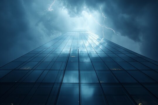 Dark clouds loom over a tall glass building as lightning strikes during a rainstorm at twilight