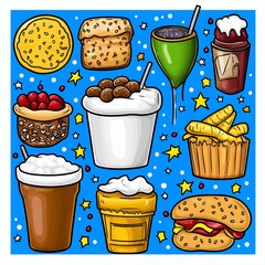 Pixel Art Food Illustration Whimsical Collection of Pastries, Drinks and Snacks on Blue Background