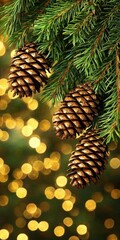 Beautiful pinecones hang from evergreen branches, surrounded by a soft bokeh of golden lights, evoking a festive and warm winter atmosphere.