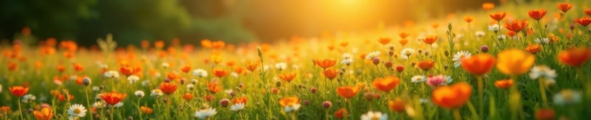 Obraz premium Wildflower hillside bathed in golden sunlight, close up , bloom, texture