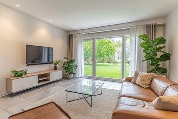 Modern living room with patio access.  Bright, spacious, and inviting interior.  Large windows showcasing a lush green backyard.  Relaxing atmosphere with comfortable furnishings and natural light.