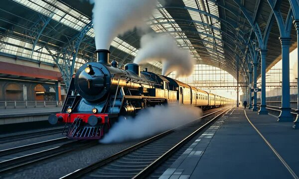 Vintage steam locomotive departing from a historic train station at sunset, with passengers boarding