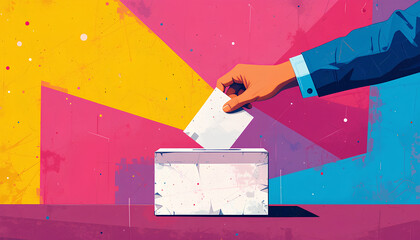 voting illustration hand inserting ballot colorful geometric background pink yellow purple blue minimalist design