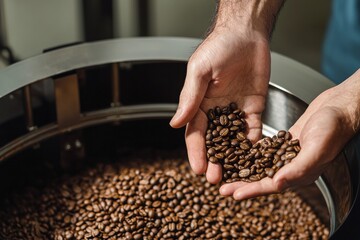 Coffee roaster holding freshly roasted coffee beans over industrial roasting machine