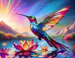 Obraz premium Giant stained glass hummingbird hovering over water lilies at sunrise