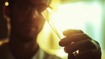 Scientific Examination: A dedicated scientist in a laboratory setting meticulously examines a transparent test tube, illuminated by a bright light
