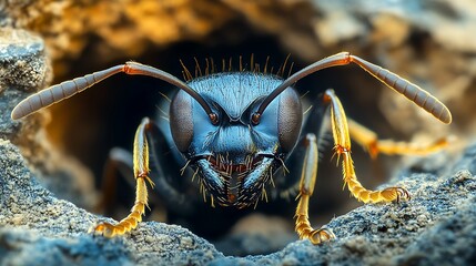 Black ant crawling from its underground home onto a rugged surface reflecting the coordination within its colony