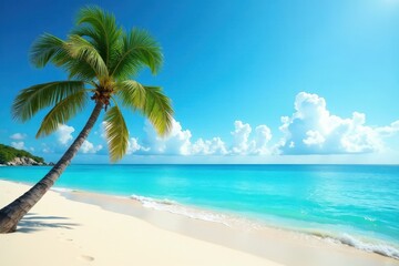 Lone palm, vibrant blue ocean, sun-drenched sand , bright, blue