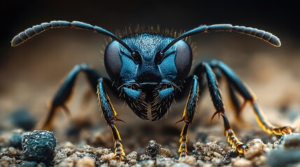 A black ant emerging from its anthill onto textured ground illustrating the teamwork of its colony