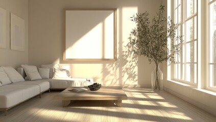 Fototapeta premium Modern minimalist living room with large picture frame, sunlight, and wooden furniture.