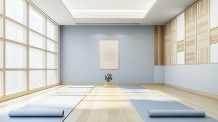 Obraz premium Serene fitness exercise pastel room of calm minimalist organic decor. Designed for gentle movement, yoga, pilates, tai chi, meditation, strength, balance. With floor mats, wood, stone. 