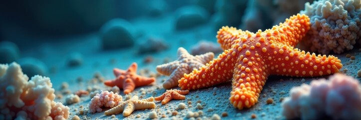 Variety of starfish sizes and colors on display, collection, marine biology