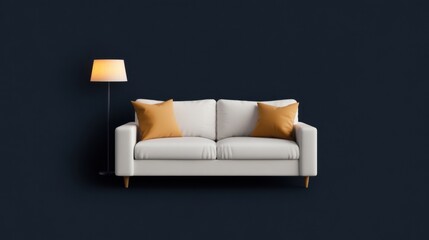 White sofa with mustard yellow pillows and floor lamp against a dark blue wall.