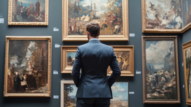 Man admires classical paintings inside museum.
