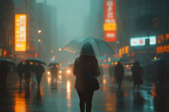 Woman walking with umbrella in a rainy city street illuminated by neon lights during evening hours