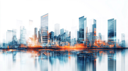 Futuristic abstract cityscape with digital technology elements and copy space in white background. 