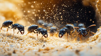 Fototapeta premium A black ant leaving its anthill onto a textured surface showcasing the collective effort of insect colonies