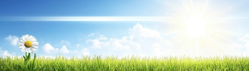 Fototapeta premium Sunny day, daisy in field, blue sky, clouds; nature background