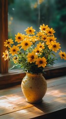 Bright Yellow Flowers in a White Vase on a Wooden Table Near a Window During the Afternoon