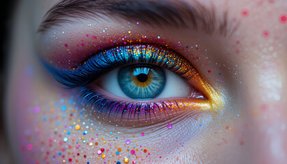 Fototapeta premium Extreme close-up of human eye vibrant colorful powder makeup neon blue eyeliner multicolored glitter particles dramatic macro photography