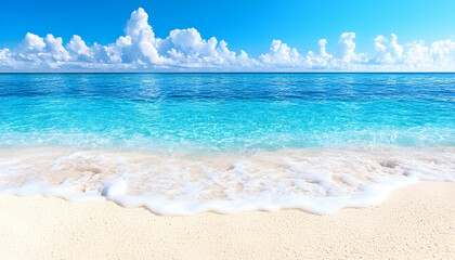 Obraz premium Idyllic beach scene turquoise water laps gentle waves on pristine white sand under a vibrant blue sky with fluffy clouds