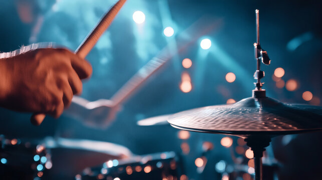 Rhythmic Intensity: Capturing the pulsating energy of a drummer mid-performance, the image highlights the dynamic interplay between hands, drumsticks, and the shining cymbals. - Powered by Adobe
