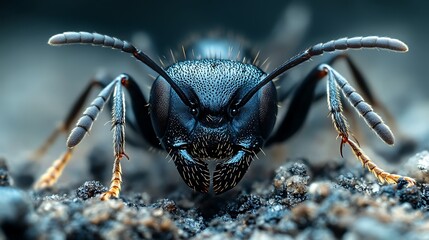 Close-up of a black ant crawling from its nest onto rough ground highlighting the organized nature of insects