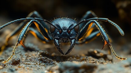 Close-up of a black ant crawling from its nest onto rough ground highlighting the organized nature of insects