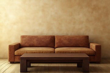 Rustic Living Room with Brown Leather Couch and Wooden Coffee Table