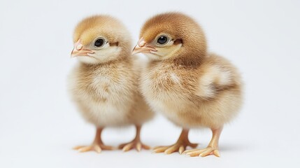 Fototapeta premium A charming chick gazes sideways, eyes bright and curious. Its fluffy feathers softly ruffle as it tilts its tiny head gently to the left, revealing delicate paws and a downy chest against a soft backd