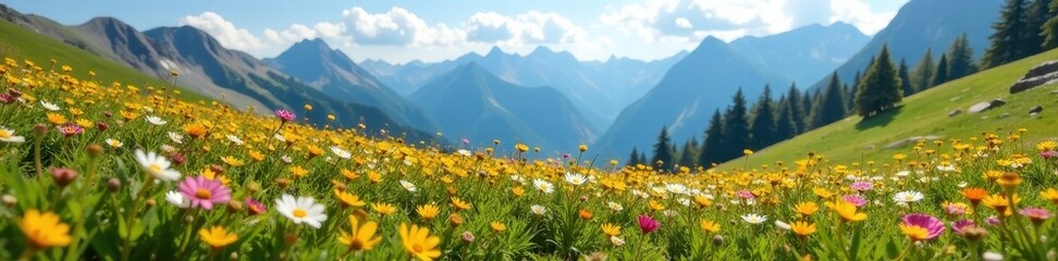 Fototapeta premium Newly thawed alpine meadow, wildflowers emerge , biodiversity, terrain, scenery