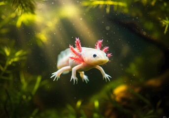 Close-up of an axolotl swimming in an aquarium.
