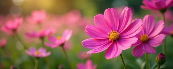 Obraz premium Pink cosmos blossoms in vibrant garden setting, floral, detail, cosmos