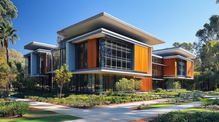 Modern building with landscaped grounds