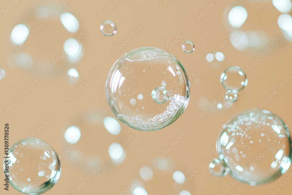 Aufkleber transparent soap bubbles floating on a beige background: a macro photography shot