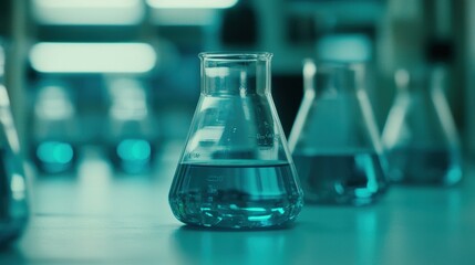 Scientific Laboratory with Fluorescent Liquid in Glass Flask