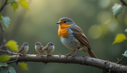 Fototapeta premium Robin on a branch with small birds in a jpg image robin branch small birds perched nature wildlife