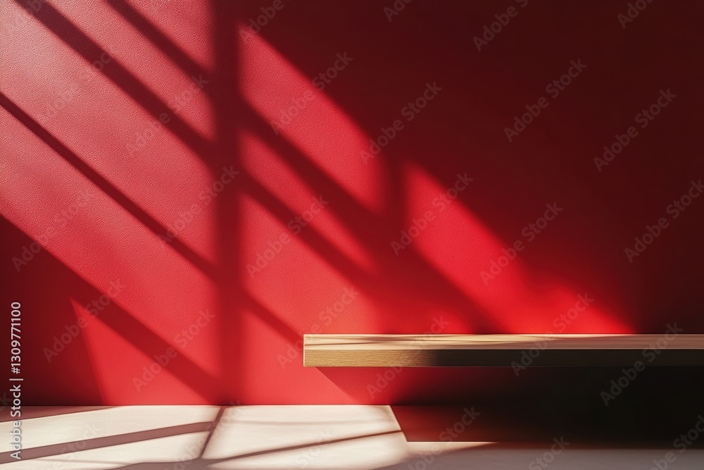 Leinwandbilder empty wooden shelf on a red wall with window shadow creating a minimalist atmosphere