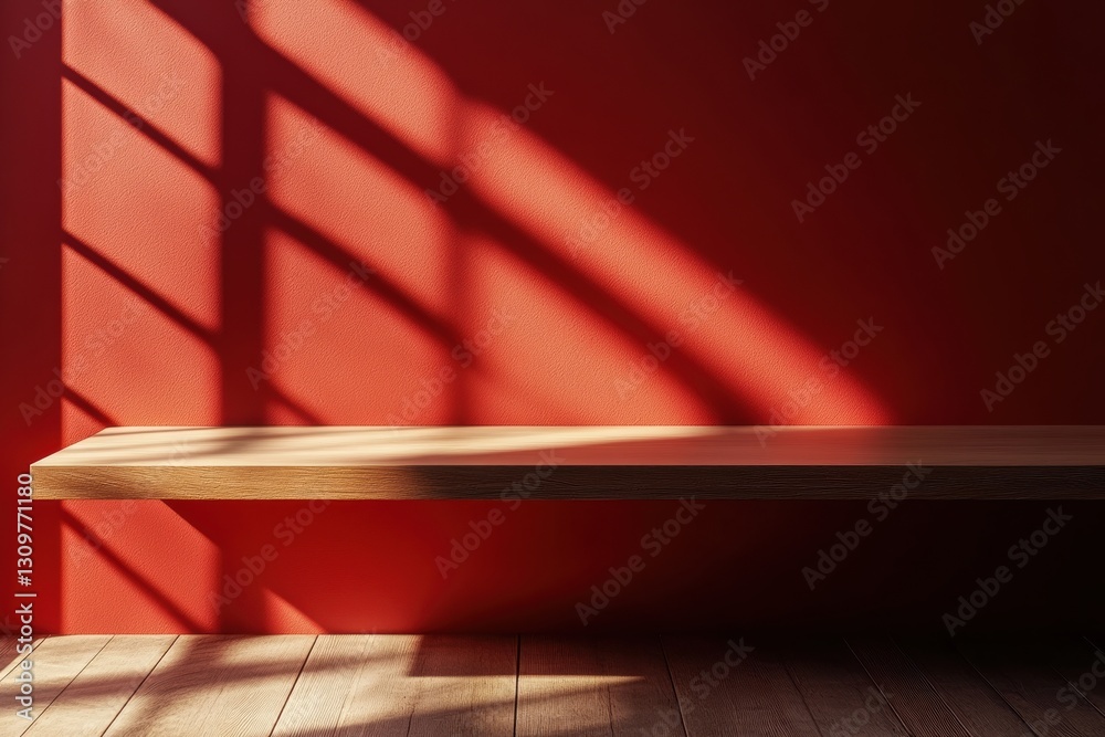 Poster empty wooden shelf on red wall with window light creating shadows: minimalist interior design