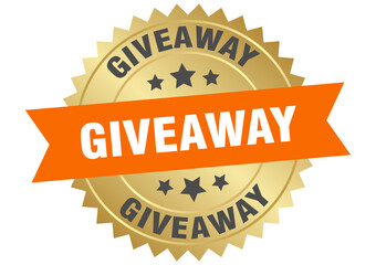 giveaway. giveaway round orange and gold label isolated on transparent background