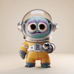 Cute funny monster wearing a space suit holding a metal ball, 3d render design