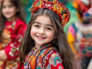 Fototapeta premium Charming Young Girl in Colorful Traditional Dress Smiling Cheerfully