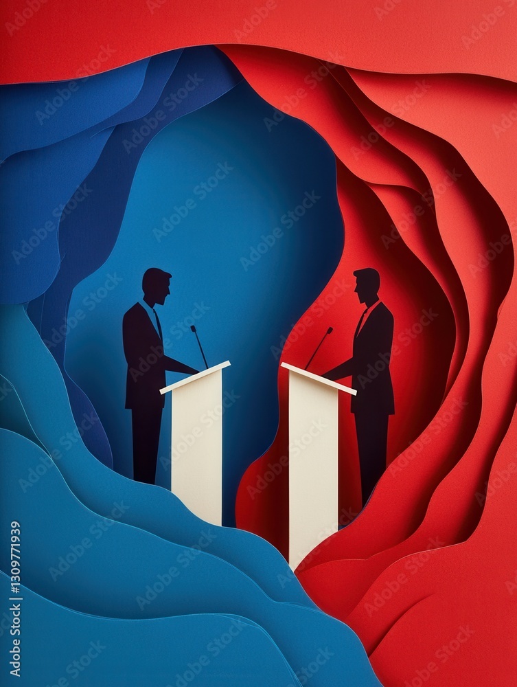 Poster engaging political debate with layered silhouettes and vibrant abstract paper art background generat