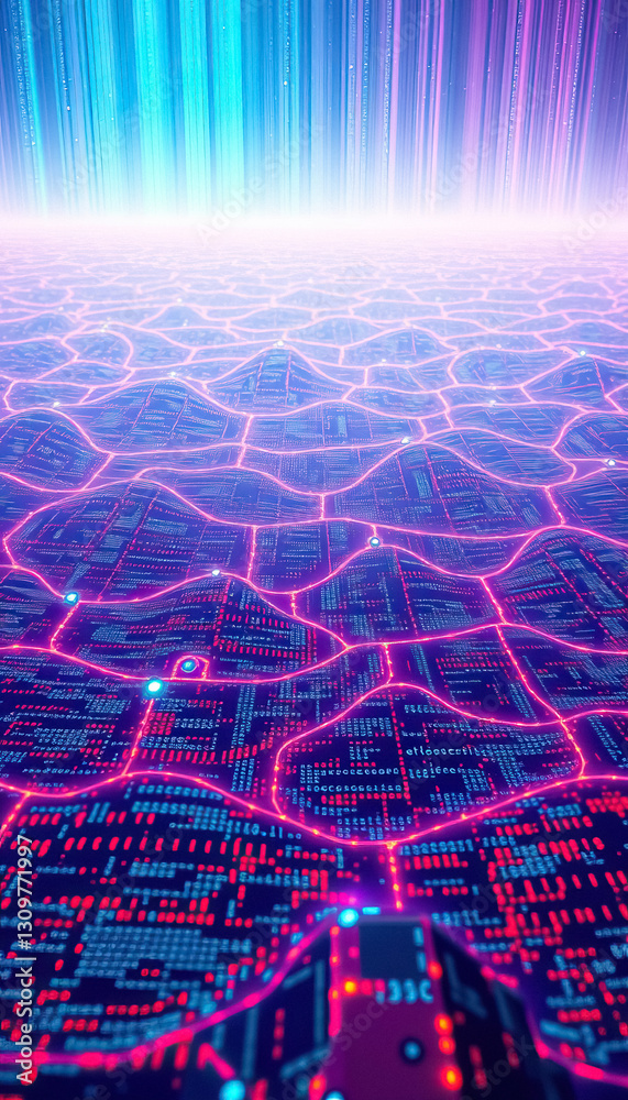 Leinwandbilder abstract digital landscape with neon lines connecting data streams in technological realm