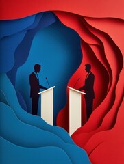 Engaging political debate with layered silhouettes and vibrant abstract paper art background Generative AI