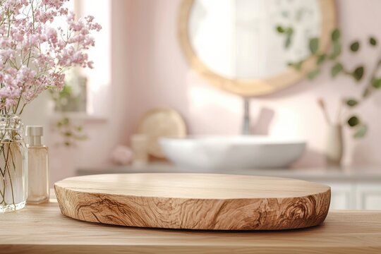 Empty round wooden tray displaying products on bathroom countertop