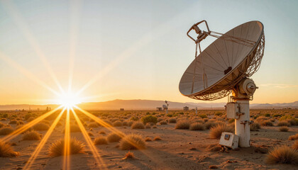 large satellite dish in the desert at sunset.
