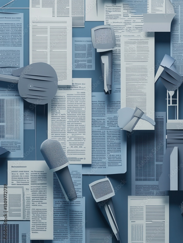 Poster modern layered paper art composition showcasing microphones and newspapers for a stylish news backdr